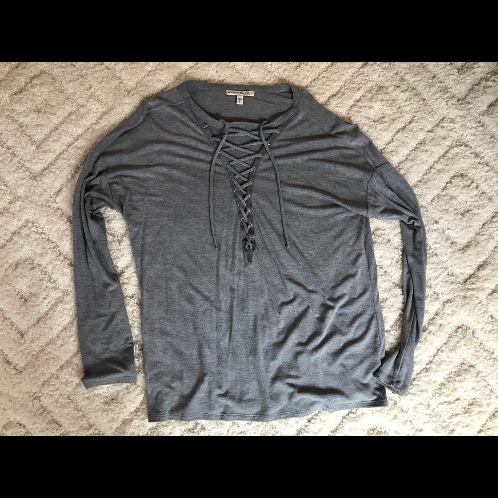 Express grey long sleeve lace up tee size S